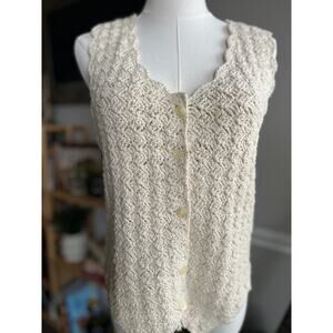 Vintage 90s Creamy White Cotton Linen Crochet Sweater Vest Size Medium